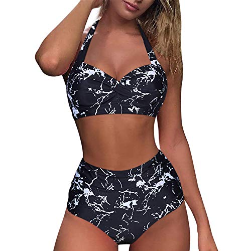 Genérico Retro Ruched Women High Vintage Set Two Halter Piece Bikini Cinture Swimsuit Print Swimswears Tankinis Set Bikini Calaveras Mujer