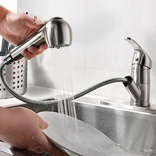 VCCUCINE Best Modern Brushed Nickel Single Handle Stainless Steel Pull Out Sprayer Bar Kitchen Sink Faucet, Pull Down Kitchen Faucet with Deck Plate