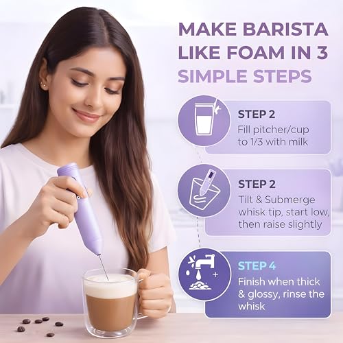 Image of Coffee Frother - Electric Rechargeable Coffee Maker Machine for Home Electric Coffee Frother & Milk Whisker | 1 Year Warranty | Free Recipe Book (Frother) (Orchid Mist)
