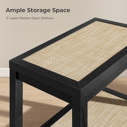 Image of SICOTAS Rattan End Table with Storage, Living Room Table Bedside Table | Farmhouse Boho Night Stand with Open Shelves, Side Table for Bedroom, Living Room, Small Spaces