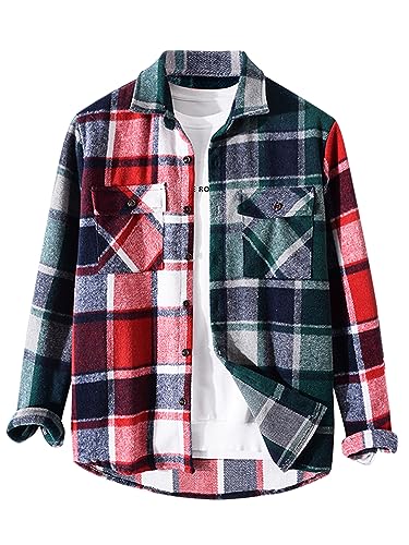 Image of ZAFUL Unisex Plaid Flannel Shirt Jacket Button Down Long Sleeve Pocket Coat Outwear | Mens Fall Clothes Lightweight Long Sleeve Button Down Flap Pocket Jacket Tops for Fall&Winter 2026