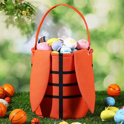 Image of Kacctyen Easter Basketball Bunny Basket Easter Sports Baskets with Rabbit Ears Tote Easter Snack Bags for Easter Egg Hunt Game