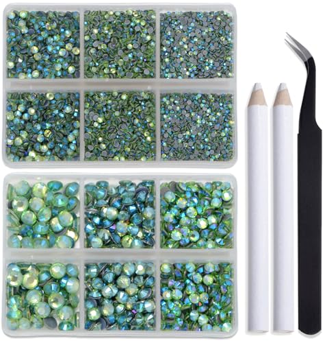 Image of Bymitel Hotfix Crystal Rhinestones Round Gems for Crafts,Mixed 6 Sizes with Wax Pencil Kit, Peridot AB 1.6-6.3mm SS4-SS30 /8000pcs