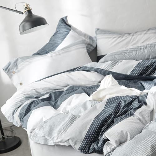 Image of LifeTB Full Comforter Set Blue Grey Striped Bedding Comforter Set, Lightweight Fluffy Soft Down Alternative Comforter for All Seasons, 3 Pieces Bedding Farmhouse Striped Comforter with 2 Pillowcases