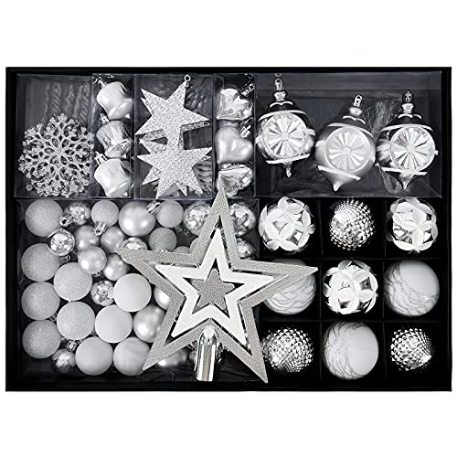 YILEEY Weihnachtskugeln Weihnachtsdeko Set Silber und Weiß 88 STK in 21 Farben, Kunststoff Weihnachtsbaumkugeln Box mit Aufhänger Christbaumkugeln Plastik Bruchsicher, Weihnachtsbaumschmuck, MEHRWEG Cover