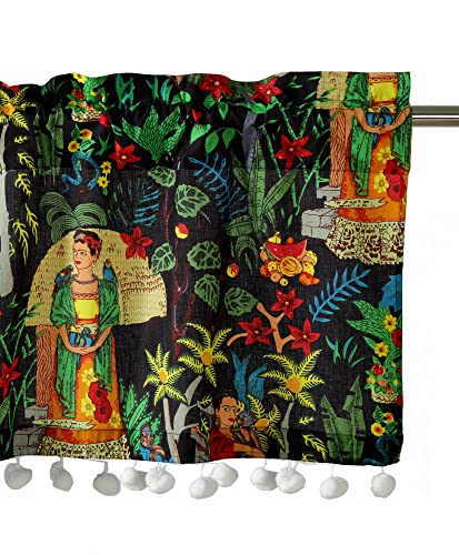 Image of Ravaiyaa - Attitude is everything Hand Printed Half Window Kitchen Curtain 100% Cotton Short Drapery Valance 40 X 18 Inch (Black Floralsemi Sheer, Rod Pocket)