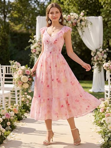 Image of GRACE KARIN Women's Summer Floral Maxi Dress 2026 Ruffle Sleeve Smocked Sundress Flowy Wedding Guest Long Dresses with Pocket