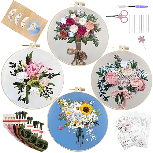 QOWMMYID 4 PCS Flowers Embroidery Kits for Adults, Hand DIY Cross Stitch Kits Needlepoint Kits Crafts for Beginners Easy-to-Follow Operating Instructions with Hoop Threads and Flowers Patterns (4PCS)