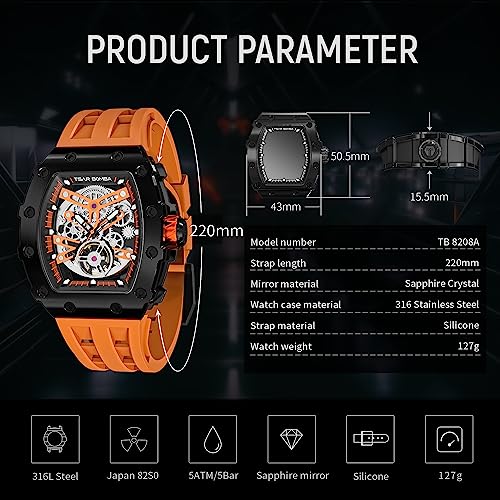 Image of TSAR BOMBA Men's Automatic Watch Tonneau Luxury Skeleton Watches for Men Mechanical 50M Waterproof Analogue Watches Mens Unique Cool Square Big Face Dial Wristwatch with Silicone Strap Band