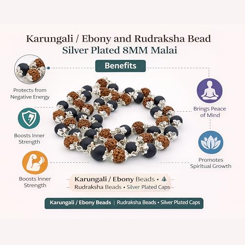 Image of Karungali Malai Silver Plated Original with Rudraksha | 54 Beads Ebony wood Panchmukhi Rudraksha Mala Goverment Lab Test Certification Mala with German Silver-Caps | Authentic Karungali Malai for Spiritual Protection, Wisdom & Positivity | Gift for Men & Women - 1 Piece