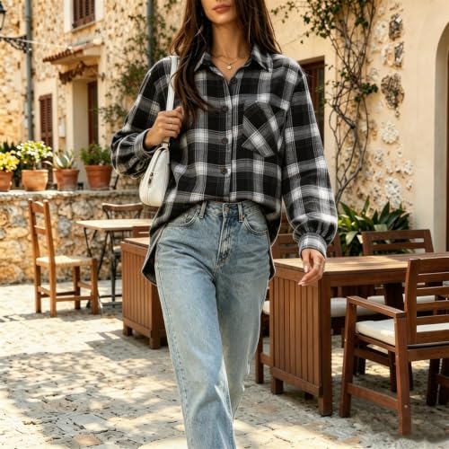 Black Plaid Shirts for Women Button Down Fashion Jacket with Chest Pocket - image 4