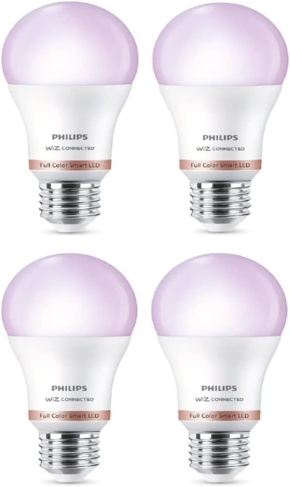 PHILIPS Color and Tunable White A19 LED 60W Equivalent Dimmable Wi-Fi Wiz Connected Smart LED Light Bulb, Easy Control with App or Voice, Works with Alexa, Google Assistant, Siri Shortcuts (4-Pack)