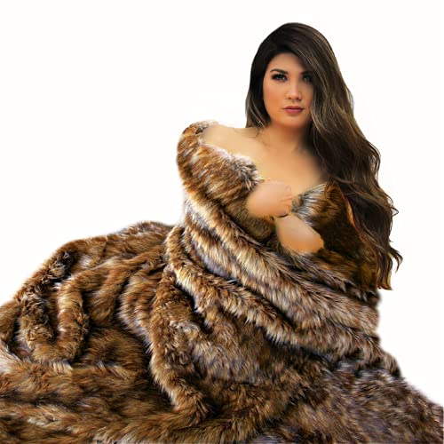 Premium Faux Fur Brown Spotted Lynx Throw Blanket/Bear Skin/Wolf W/Soft Minky Cuddle Fur Lining (5'X8') #TOP11