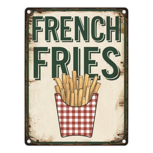 French Fries Metallschild in 15x20 cm mit Pommes frites im Vintage-Stil mit gr&uuml;nen Buchstaben und rot-wei&szlig; kariertem Hintergrund f&uuml;r alle Fries-Liebhaber