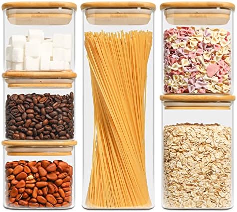 KTMAMA Glass Square Food Storage Container With Airtight Bamboo Lid, Set of 6 Stackable Kitchen Pantry Clear Canisters For Cookie, Candy, Sugar, Coffee Bean, Pasta, Nuts (18oz/27oz/37oz/71oz)