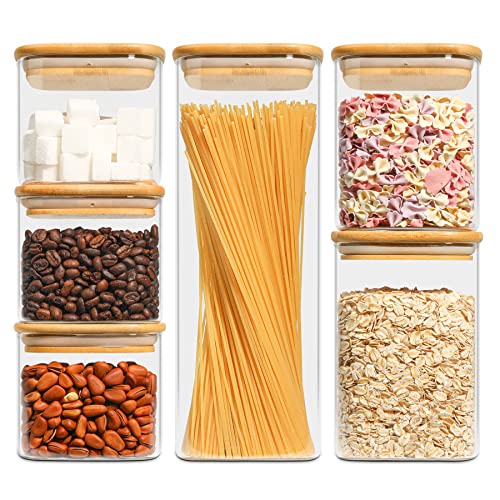 Ktmama Glass Square Food Storage Container With Airtight Bamboo Lid, Set Of 6 Stackable Kitchen Pantry Clear Canisters For Cookie, Candy, Sugar, Coffee Bean, Pasta, Nuts (18Oz/27Oz/37Oz/71Oz) #TOP28