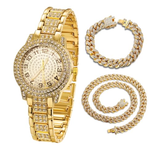 Image of Halukakah Diamonds Watch Iced Out for Boy Teens Kids - 18K Real Gold /Platinum Plated,Arabic Numerals Round Dial,Japanese Quartz - 7.7 inch Length - Optional with Cuban Link Chain - for Birthday,Parties