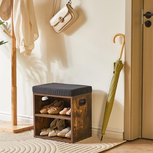 YMYNY Shoe Storage Bench with Cushion, 2 Tier Shoe Rack with Padded Seat, Adjustable Shoe Organizer Cabinet for Entryway, Living Room, Hallway, Closet, 15.4L*11W*16.54H, Rustic Brown, UHBD028H - Thumbnail 4