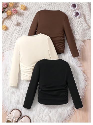 OYOANGLE Toddler Girl's 3 Pack Long Sleeve Ruched T Shirts Crew Neck Plain Tees Basic Layering Tops2