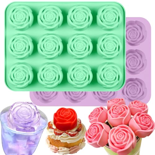 2 Pcs Large Rose Silicone Mold for Chocolate Strawberry Easy Release Rose Ice Cube Mold for Cocktails Multi-function 3D Rose Flower Mold for Mousse Pudding Candy Jello Gift for Mothers Day