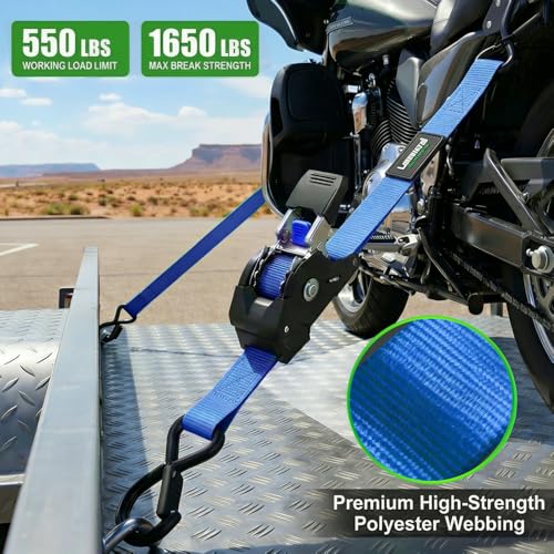 Image of Retractable Ratchet Straps (4-Pack) - 1 Inch x 10 Feet (1,650lb Break Strength) - Heavy Duty Auto Self Retracting Tie Down Straps for Motorcycle, ATV, UTV, Truck, Cargo Trailer - Blue