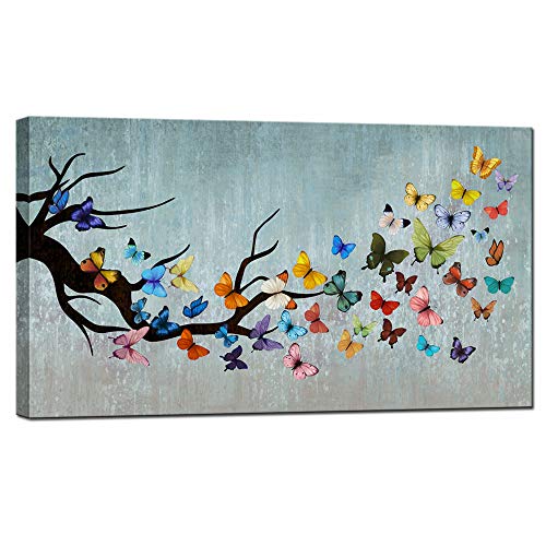 sechars Vintage Wall Art Canvas Colorful Butterfly on Teal Background Paintings Art Prints Creative Animal Artwork Framed for Home Bedroom Dining Room Wall Decoration Ready to Hang 20x36
