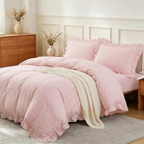 Image of Nayoroom Gingham Duvet Cover Queen Size Pink Ruffle Plaid Checkered Duvet Cover 3 Pieces Soft Washed Microfiber Vintage Farmhouse Dorm Bedding Set Gifts for Women Men