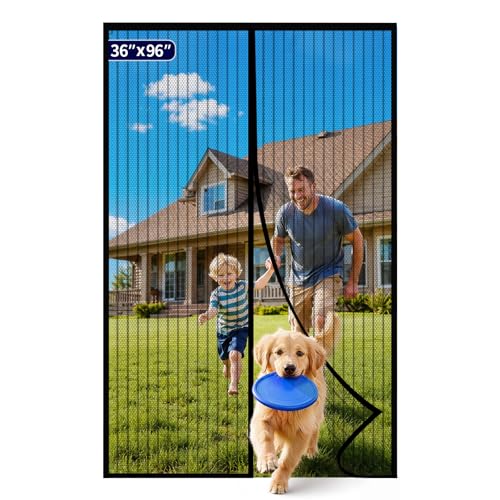 Kitsure Magnetic Screen Door - 36.0 x 96.0 Retractable Screen Door Mesh for Entry Door or Sliding Door Pet & Kid Friendly Hands-Free Closure Keeps Bugs Out & Lets Breeze in Stripe Black