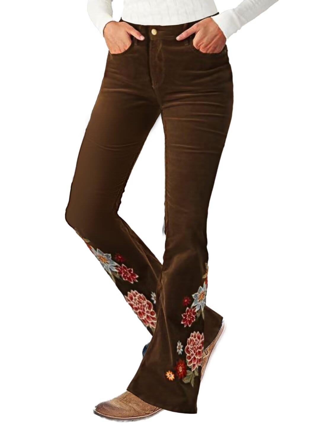 FlamingalsWomen's Floral Embroidery Mid Waist High Stretch Bootcut Jeans with Pockets