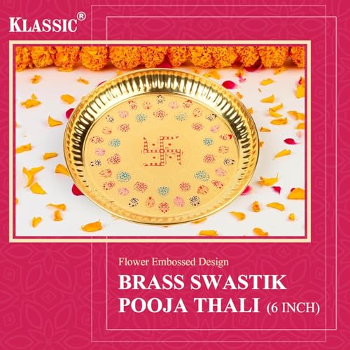 Image of Klassic 6 Inch Brass Swastik Pooja Thali | Decorative Handicraft Plate with Embossed Flower Design | Ideal for Mandir, Home, Office & Gift Purpose | Golden Puja Thali (Pack of 4)