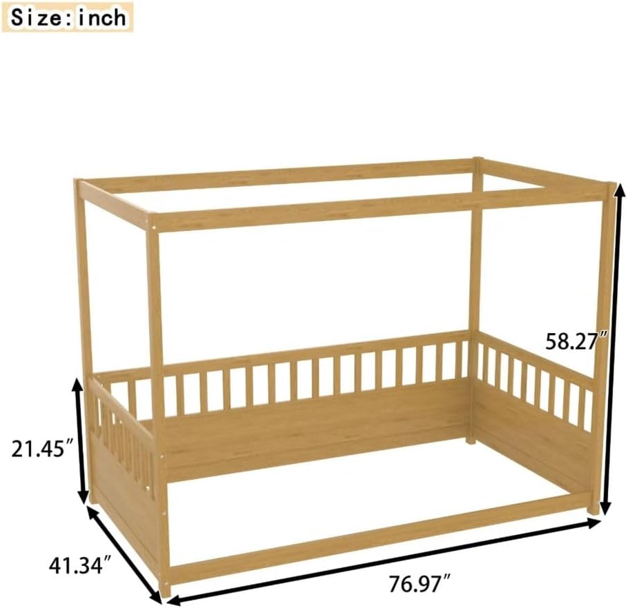 Saiveina Twin Size Canopy Bed Frame with Guardrails for Kids,Floor Bed Twin with Four Poster Design,Kids Montessori Floor Bed,Wood Canopy Bed Frame for Girls,Boys(Twin,Natural)