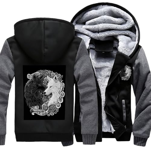 GLUDEAR Men Heavyweight Fleece Lined Sweatshirt Viking Norse Mythology Print Color Block Full Zip Thick Hooded Jacket3