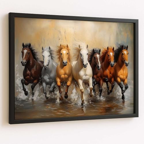 Image of HOTHOUSE Seven Running Vastu Lucky Horse Painting | 7 Horses Vastu Frame Wall Art Painting for Living Room Bedroom Office Home Decor Wall Decor Size (13X17 inch)