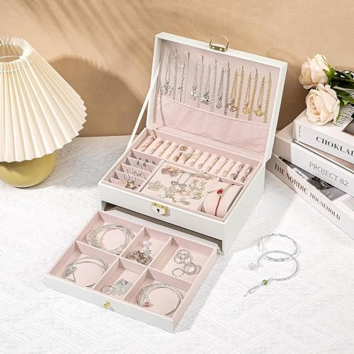 Image of KRISHYAM Jewelry Boxes for Women - 2-Layer Lockable Waterproof Leather Jewelry Box | Ideal for Rings, Bracelets, Earrings, Necklaces, Gifts, Watches (White)