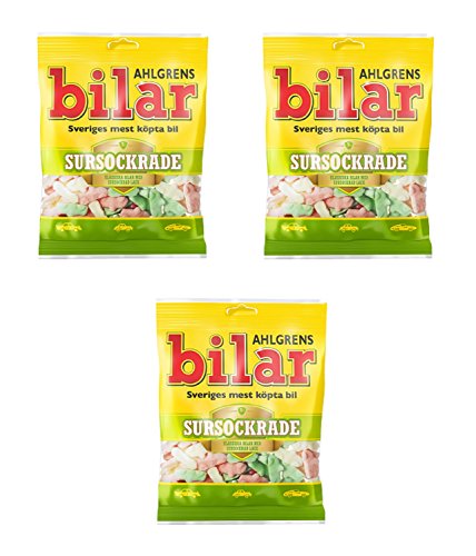 Ahlgrens Bilar Sursockrade – Original sueco suave y masticable Marshmallow Cars agrios y dulces dulces dulces bolsa de 100 g x 3 unidades