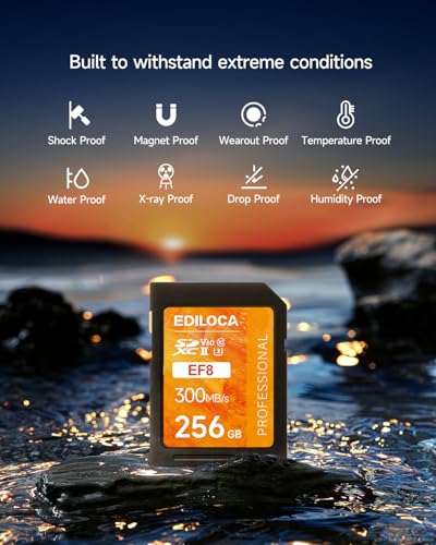 256GB UHS-II SD Card V60 Memory Cards for Professional Camera 4K/6K Video - 300MB/s Read, 160MB/s Write, Shockproof & Waterproof High-Speed Storage, U3 Class 10 Compatible with Canon (EF8)