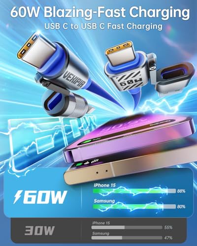 Image of 4 in 1 USB C Cable 60W 5FT Fast Charging & Data Transfer, Thicker Silicone Multi Charger Cord for iPhone iPad Charger Wire Combo with L /Type C /USB A for iPhone 16 /15 /Macbook (Blue)