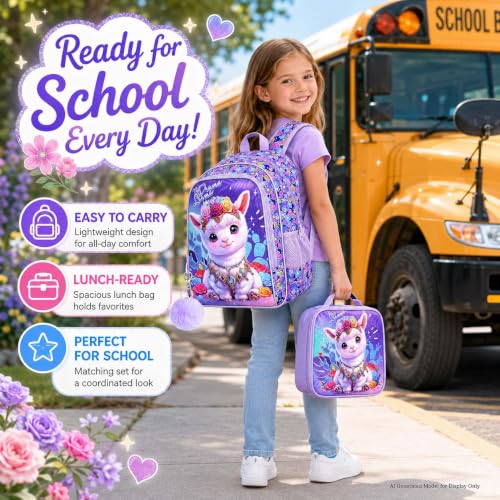 Image of AGSDON 3PCS Alpaca Kids Backpack, 16 inch Large Capacity Elementary Backpacks for Girls, Lightweight Toddler Schoolbag with Lunch Box