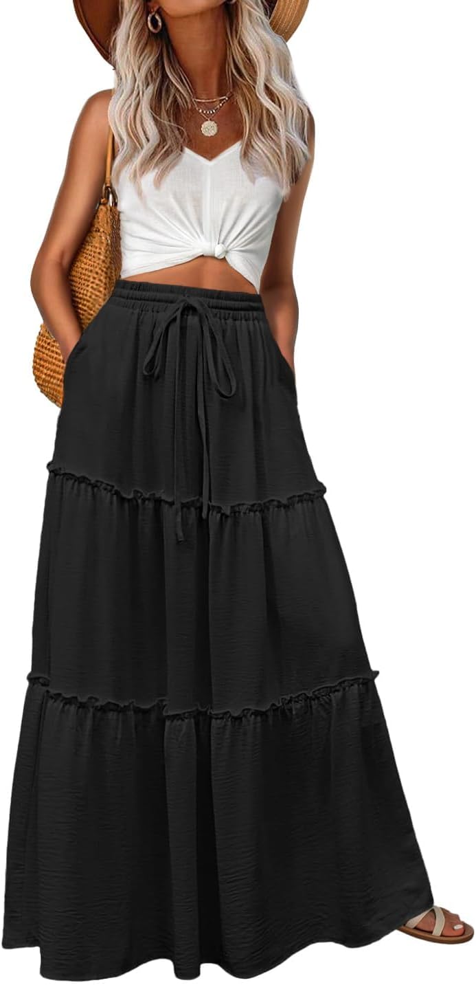 Lepunuo Womens Casual Boho High Waisted Flowy Maxi Skirts Tiered Floral Long Skirts with Pockets for Summer Beach Vacation