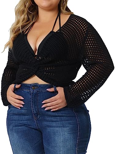 Agnes Orinda Plus Size Mesh Crochet Crop Top for Women Hollow Out Knit Sweater Beach See Through Cover Ups 20242