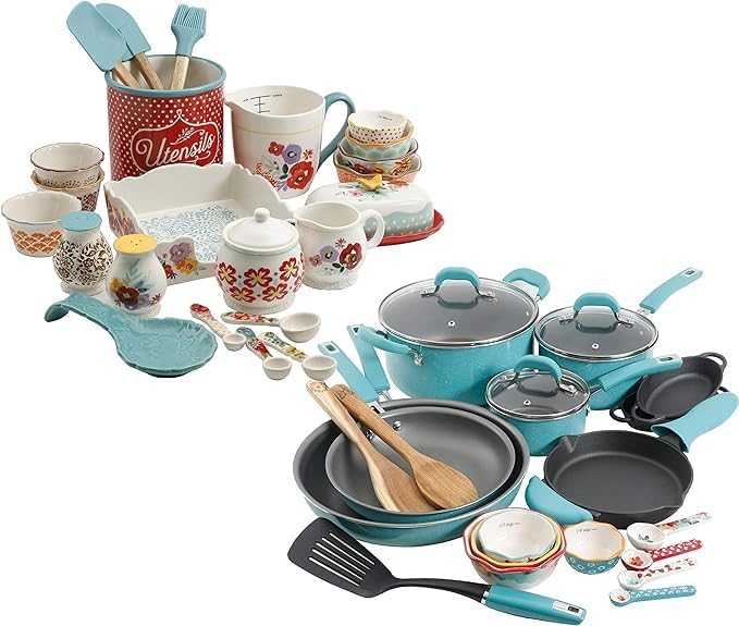 The Pioneer Woman Vintage Speckle - Juego de utensilios de cocina de 24 piezas en paquete turquesa con dije de cobre de acero inoxidable, juego de