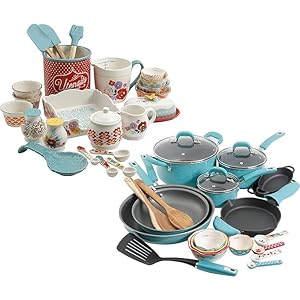 The Pioneer Woman Vintage Speckle 24-Piece Cookware Combo Set in Turquoise bundle with Copper Charm Stainless Steel Copper Bottom Cookware Set, 10 Piece