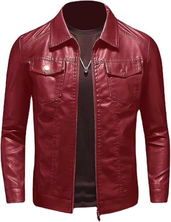 MARK Classic Motorcycle Leather Jacket, RED, Point Collar with Zip Front, Chest Pockets, Regular Fit-picture-41