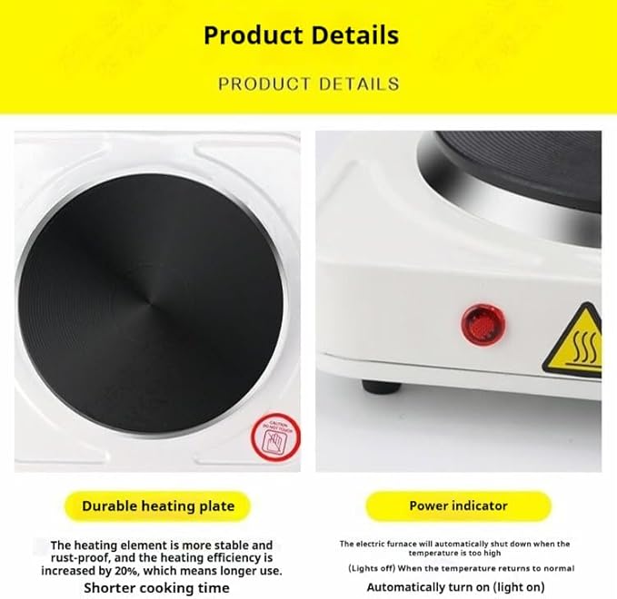 Estufa Eléctrica de 1 Puesto, 1000W, Portátil con Control de Temperatura miniatura 8