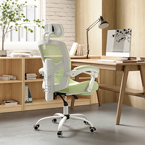 Image of DUMOS Office Desk Computer Chair with Footrest, Ergonomic Mesh Swivel Gaming Chair with Rolling Wheels, Comfortable Headrest, Lumbar Support, Comfy for Home, Office, Task, Student, Elegant Green
