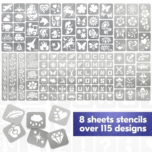 Temporary Tattoo Markers with Tattoo Stencils, 10 Cosmetic Temporary Tattoo Pens and 8 Sheets Sticky Temporary Tattoo Stencils, Body Face Painting Kit for Adults and Kids Party Favor Gift Supplies
