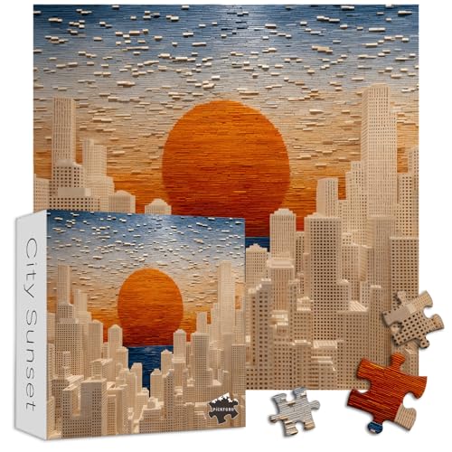 PICKFORU Gradient Sunset Puzzles for Adults 1000 Pieces, Mosaic City Jigsaw Puzzles, Unique Difficult Gradient Sky Puzzle