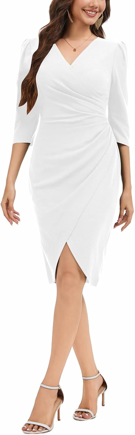 Women's V Neck Ruched Bodycon Cocktail Club Party Night Out Dress with 3/4 Sleeves