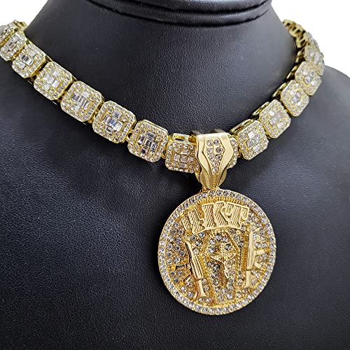 Gold Plated 4KT Medal Pendant & 12mm 16" 18" 20" Iced Baguette Choker Chain Hip Hop Jewelry Necklace2