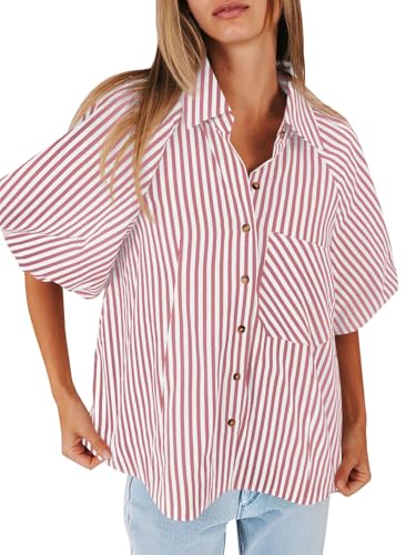Image of Tankaneo Womens Short Puff Sleeve Button Down Shirts Striped Trendy Casual Loose Fit Blouse V Neck Collared Tops